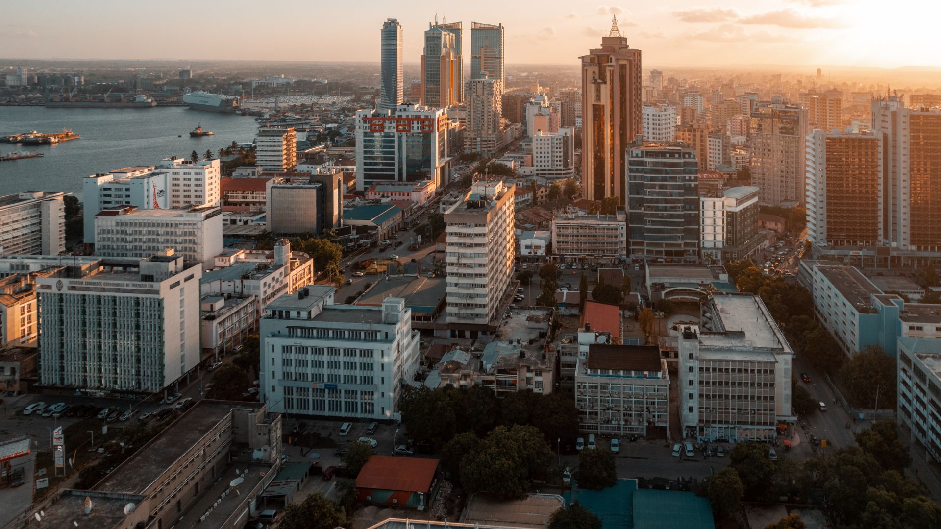 Corporate office towers in Dar es Salaam at sunset